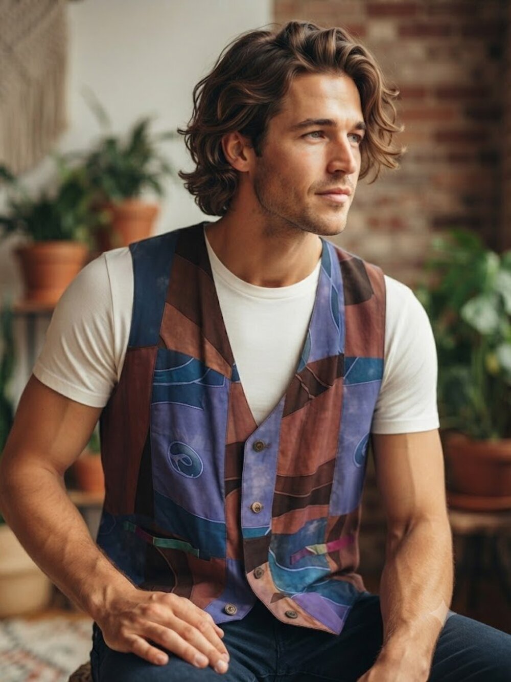 Multicolor Abstract Reversible Vest - Purple, Blue & Brown